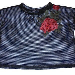 Top Cropped Black Mesh Embroidered see-through net short blouse shirt Retro
